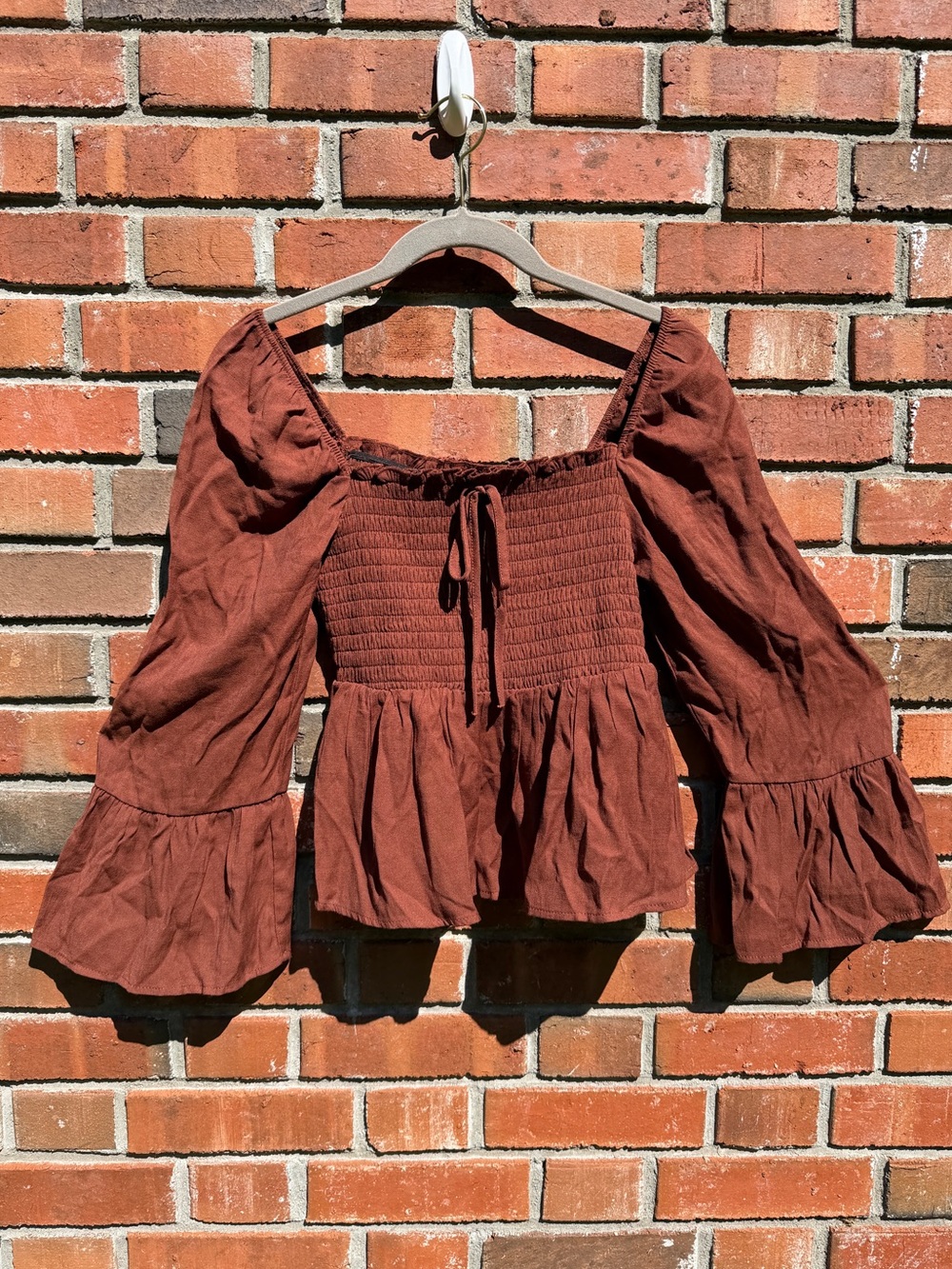 Francesca’s Mi Ami Smocked Peplum Blouse with Bell Sleeves Size S